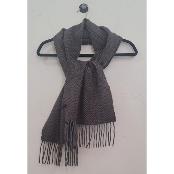 Enzo Mantovani 100%Cashmere GreyBrown Woven Pattern Fringe Hem Scarf Sz. 68"×12" - Picture 2 of 9